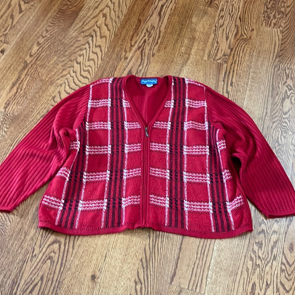 Red, black, white zip up sweater